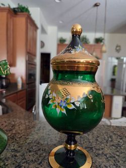 Green Glass Lidded candy dish with Gold Floral Decoration