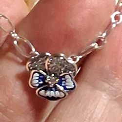 Pandora Authentic Brand New Sterling Silver Blue Pansy Flower Pendant Necklace 20 Inch Adjustable 