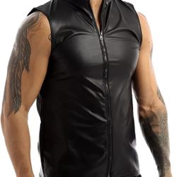Men's Black faux Leather Tshirt Short Sleeve PVC Tunic & Sleeveless Tank Top 3XL