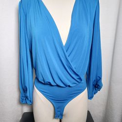 Small Women Blue Satin Bodysuits V Neck Long Sleeve Female Playsuits Snap Bottom