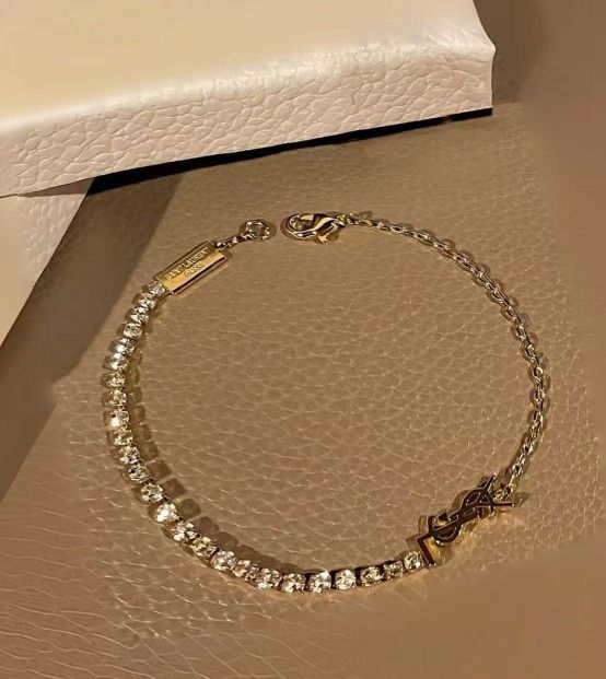 Alphabet Logo Glass, Brass, Metal, Rhinestone Bracelet Women Gold