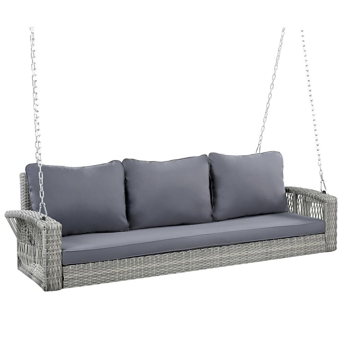 New Assembled 3-Person PE Rattan Porch Swing with Cushions & Chains 69" Outdoor Patio Hanging Swing