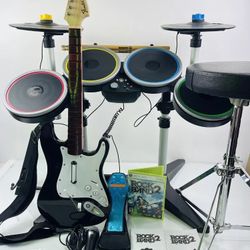 Xbox 360 Rock Band 2 Drum Set Guitar Fender Pro Cymbals Bundle Mic Stool Game