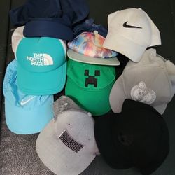 9 Boy Hats... North Face, Celtics, Nike, Minecraft