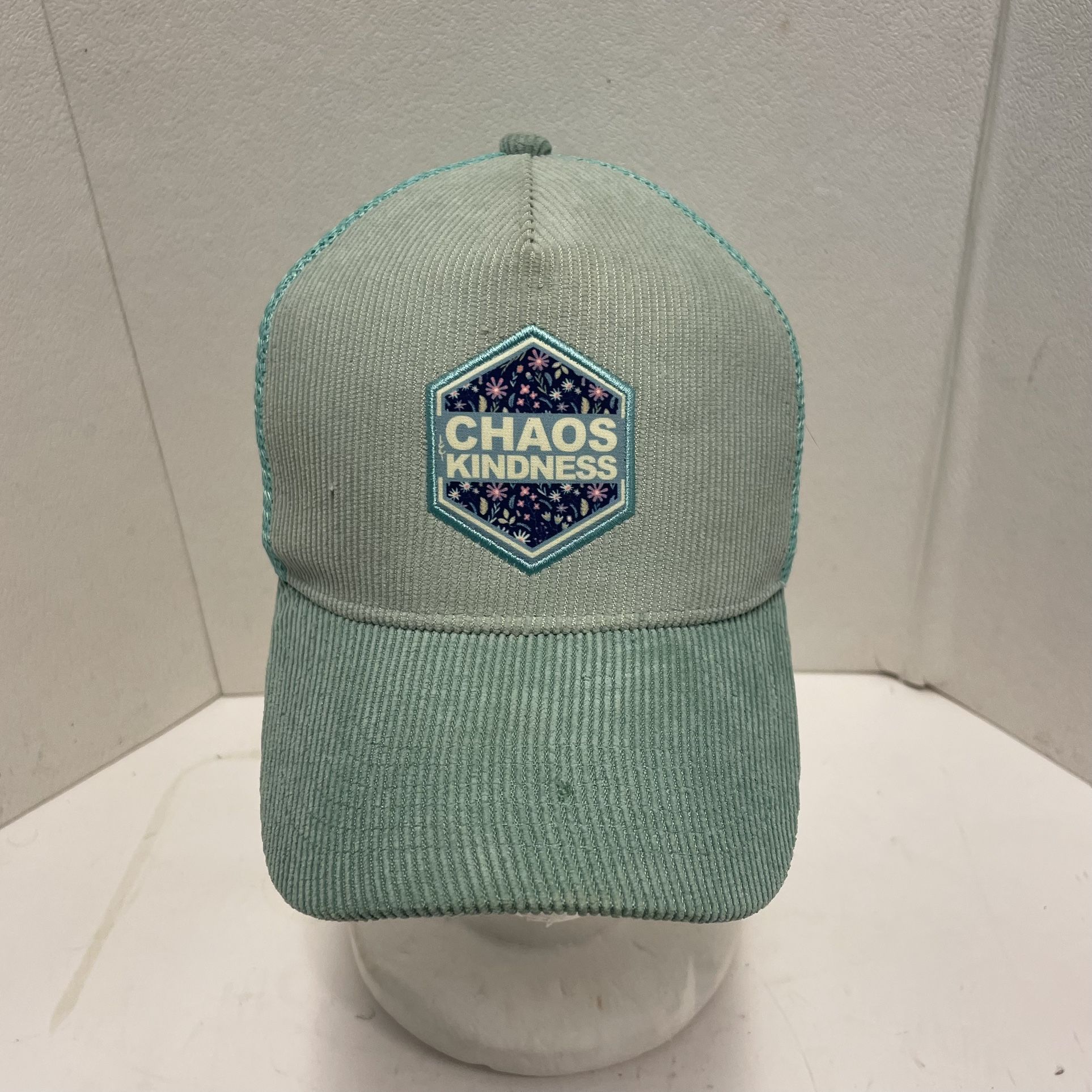 Chaos & Kindness SnapBack Trucker Hat Cap Corduroy Recycled Percussion NH Teal