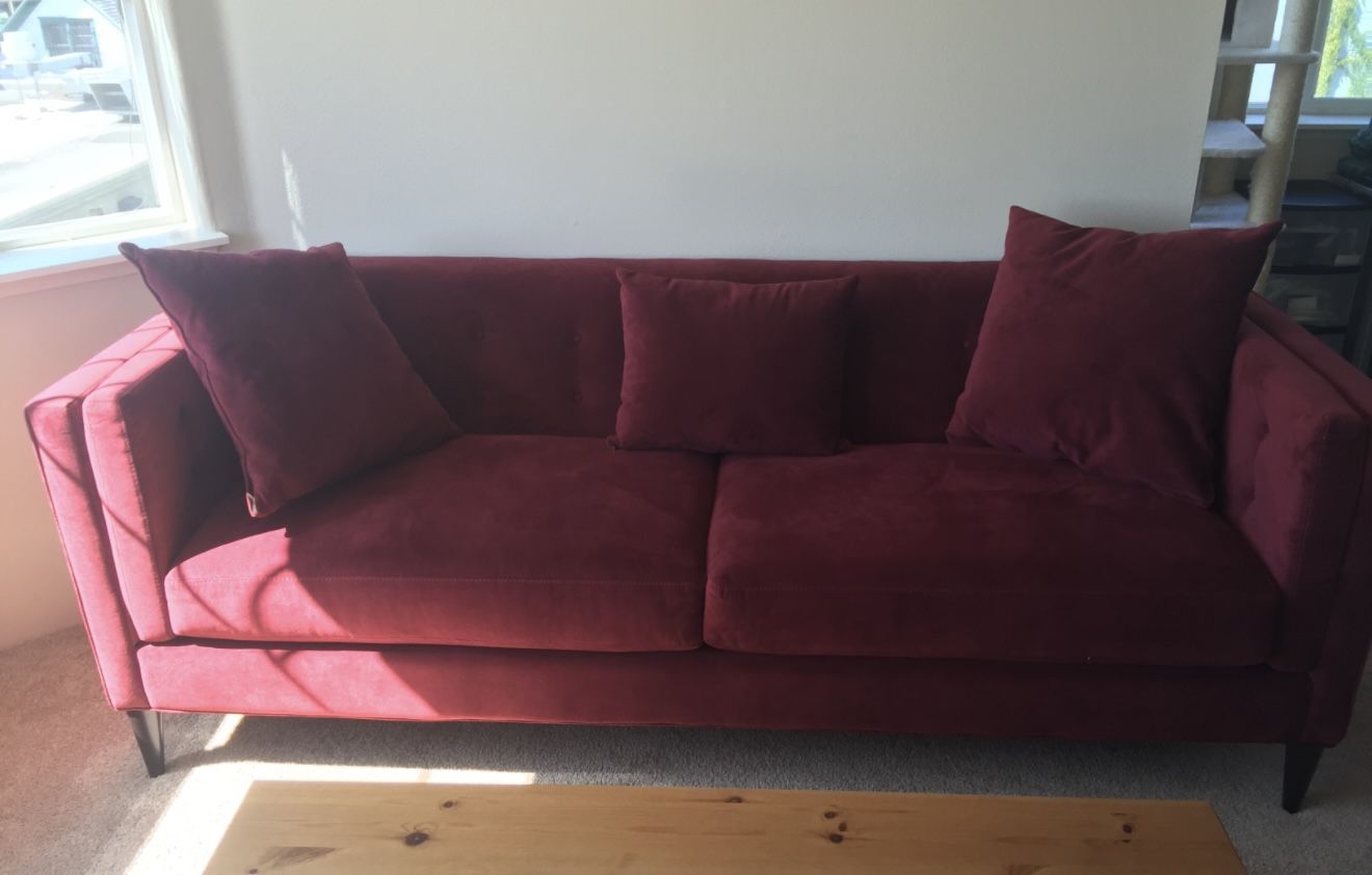 Red Macys Microfiber Sofa With Matching Pillows