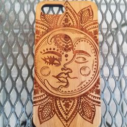 Sun and Moon design laser engraved wood case for iPhone and Samsung Galaxy