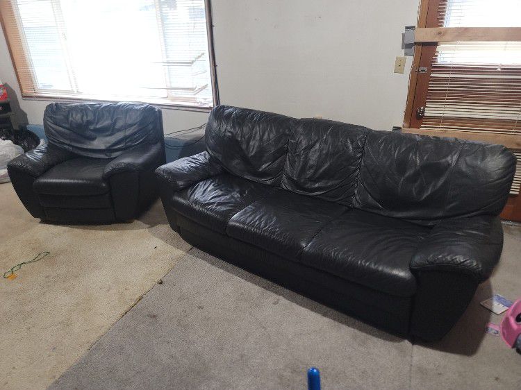 Black "Genuine" Leather Couch and Chair Set