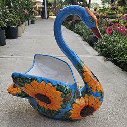 Talavera Turquoise Sunflower Swan Clay Pots, Planters. Plants. Pottery $85 Cada Una