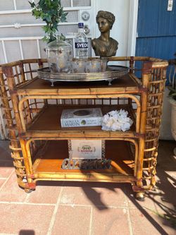 Vintage Mid-Century Boho Bamboo Bar Cart - 3-Tier Rattan Rolling Bar