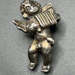 Vintage Sterling Silver Large  Puffy Cherub Pendant Brooch 2" Long 13.3g