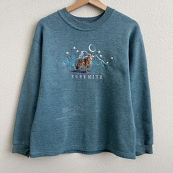 Vintage 90s Blue Yosemite Embroidered Wolf Mountain Crewneck Pullover Sweatshirt