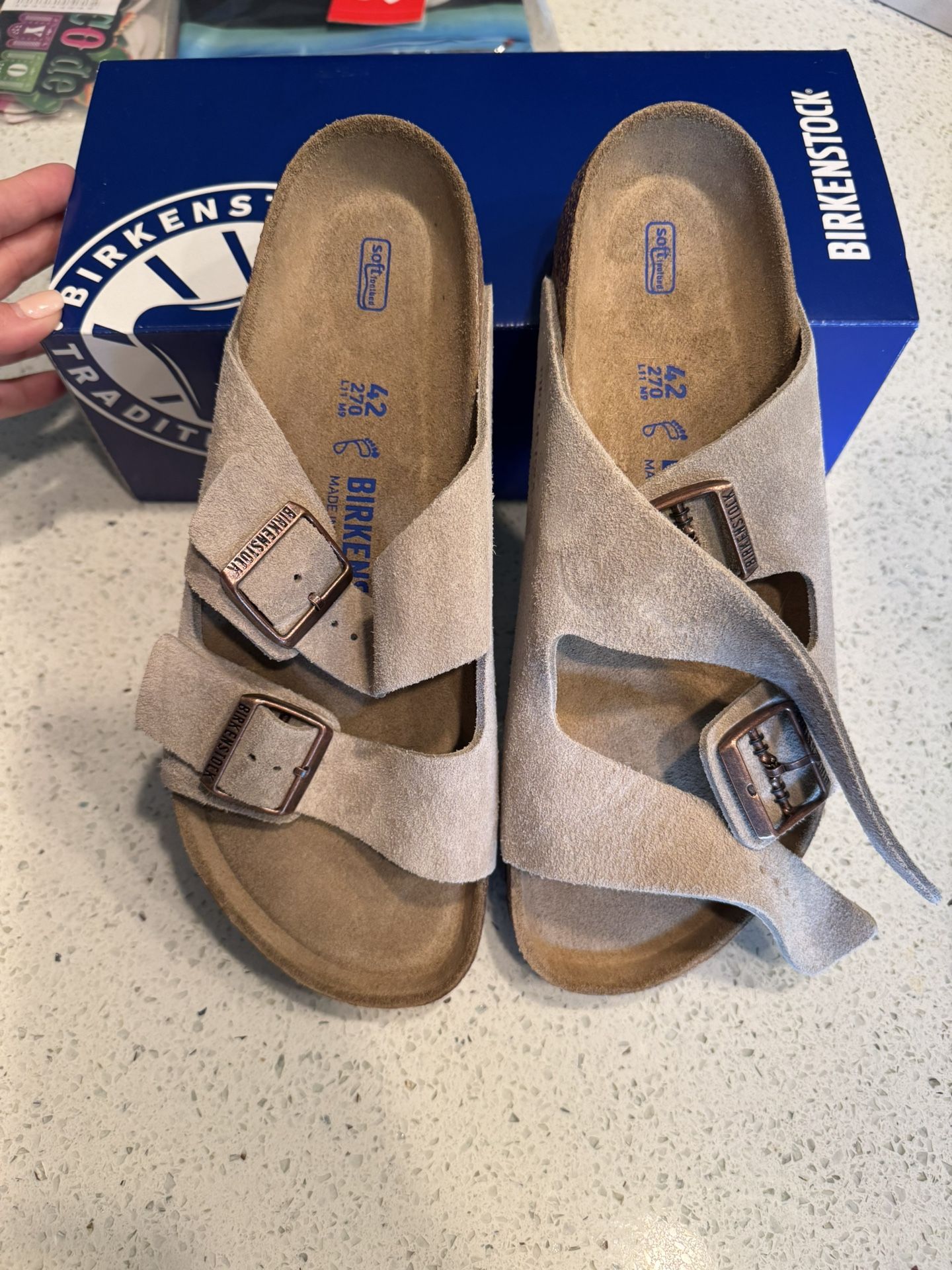 Brand New, Never Worn Size 42 Arizona SFB Taupe Suede Birkenstocks