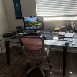 Large Desk With Brand New Ergonomics Chair And Antique Desk Lamp
