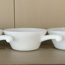 Vintage Anchor Hocking Fire King White Milk Glass Soup Bowl 5" with Handle Set 3