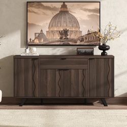 63" Sideboard Buffet Cabinet, Kitchen Buffet Storage Cabinet, Mid Century Modern Storage Cabinet with 4 Doors & Shelves, Wood Coffee Bar Console Wine 