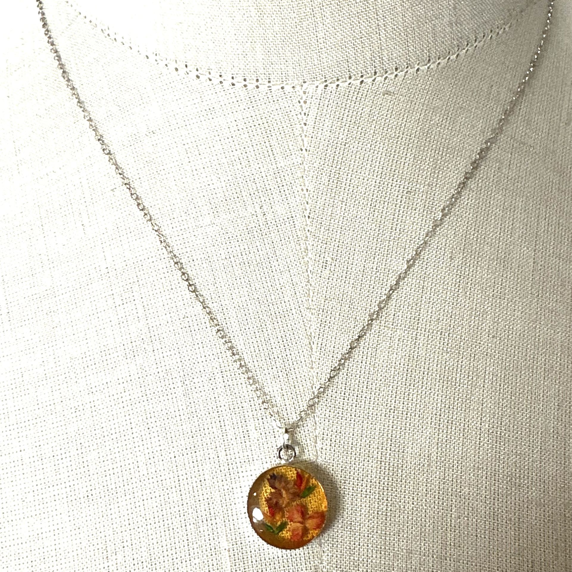 Vintage Sterling Silver Pressed Flower Resin Necklace