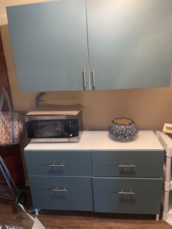 Blue-Gray Kitchen Cabinet Set - Moving Sale