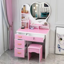 Large Pink Vanity Set with Heart Shaped Mirror, Princess Makeup Vanity Dressing Table with Storage Shelves & Drawers, Cushioned Stool Makeup Desk for 