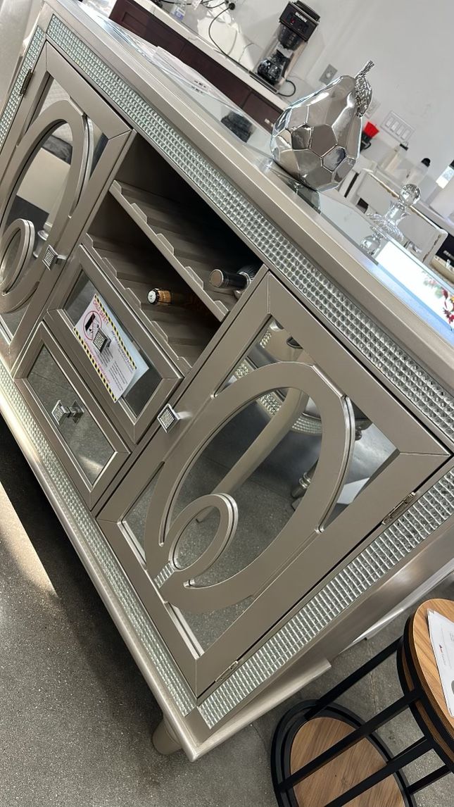 Silver Server With Mirrored Tile Accents And Mirror Top Brand New In Box Firm Price $640