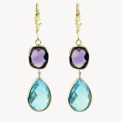 Large 14k Gold Cushion Cut Amethyst & Blue Topaz Dangle Drop Earrings