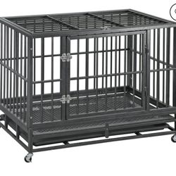 Heavy Duty Pet Dog Cage Strong Metal Crate Kennel Playpen with Wheels and Tray Black