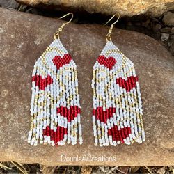 Red Hearts With Gold Scroll Beaded Earrings, New, Handmade By Me