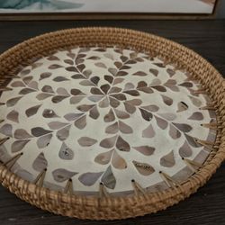 Round Rattan Tray with Mother of Pearl Inlay, Rattan Serving Tray with Wooden Base