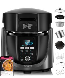 Nuwave Duet Electric Pressure Cooker & Air Fryer Combo, 450 IN 1 Slow Cooker & Grill with Integrated Digital Temp Probe, 6qt SS Pot, Adjustable High/L