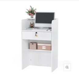 OmySalon RD Modern Wooden Reception Desk with Lockable Drawer and Legroom Rack