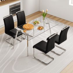 5-Pc Modern Dining Set w/ 48" Glass Dining Table & Black PU Leather Dining Chairs w/ Chrome-Metal Legs [NEW] **Assembly 