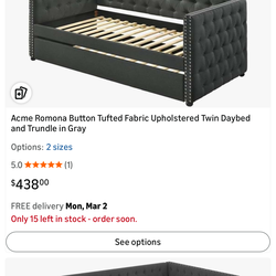 Acme Romona Button Tufted Fabric Upholstered Twin Daybed and Trundle in Gray