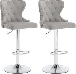 Set of 2 Adjustable Swivel Bar Stools,Velvet Upholstered Counter Height Chairs with Nailhead Trim, Silver Footrest, and High Back for Kitchen Island, 