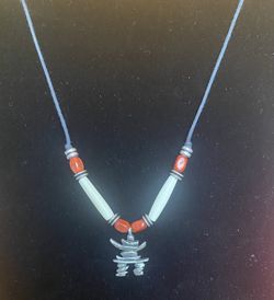 Vintage Canadian Necklace Chocker Inukshuk Silver Pendant w/Hairpipe &Wood Beads