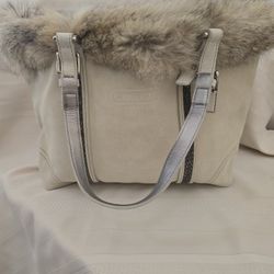 COACH Purse Limited Edition Suede Shoulder Bag Tote Fur Trim