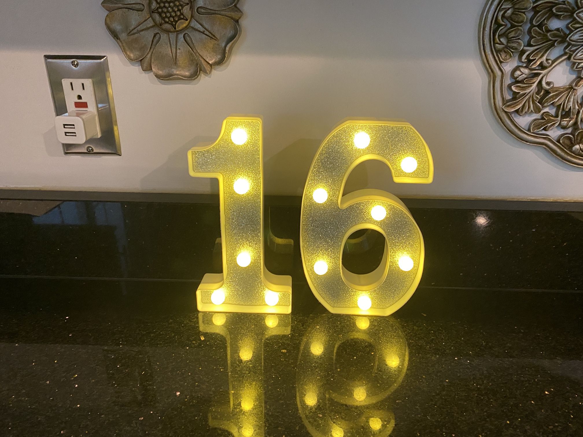 16th Birthday Decorative LED Light-up Numbers Silver Glitter Marquee 8.5” High