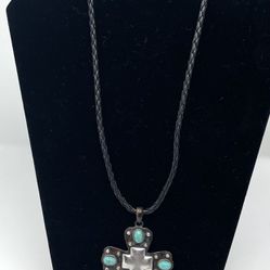 Black braided necklace w/ turquoise & silver pendant (weighty piece not hollow).  17” + 3” extender.  