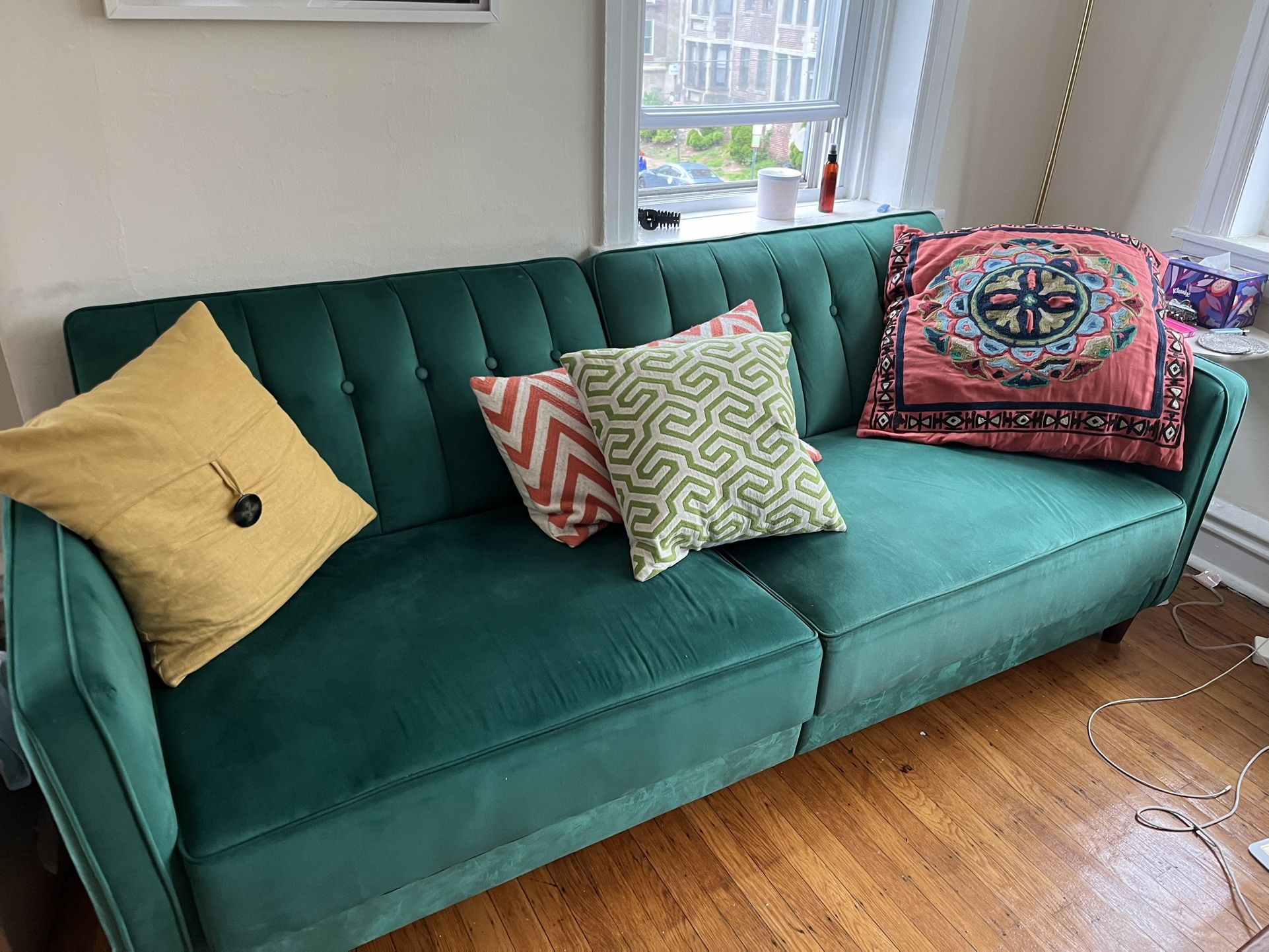 Velvet Green Pull Out Sofa - 74x 30in
