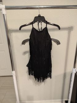 Women's Halter Backless Fringe Mini Dress jumper, black, layered tassels. size XS