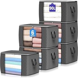 90 L Large Storage Bags, 6 Pack Clothes Storage Bins Foldable Closet Organizers Storage Containers with Reinforced Handle for Clothing, Blanket, Comfo