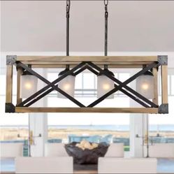 LNC 4-Light Brown Wood Farmhouse Chandelier w/Frosted Glass Raw & Iron Accents