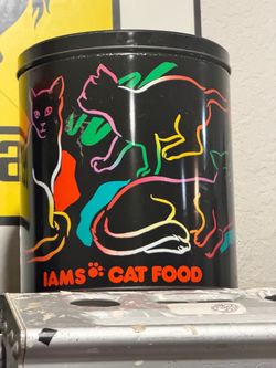 Retro IAMS Cat Food Promo Tin Canister in Black w/ Neon Halloween Deco Colors