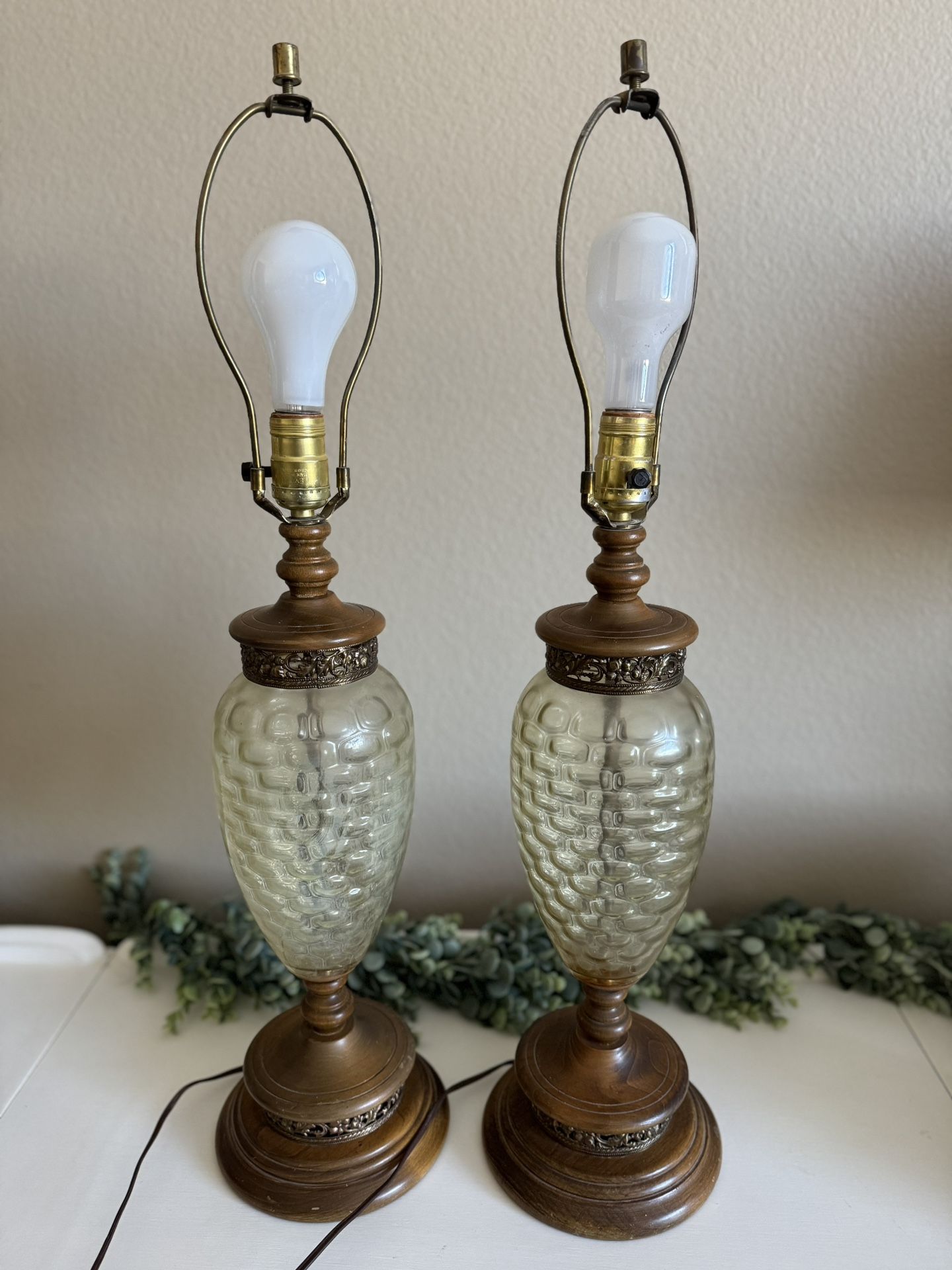 2 Vintage Lamps Glass Faux Wood Scrollwork MCM Mid Century