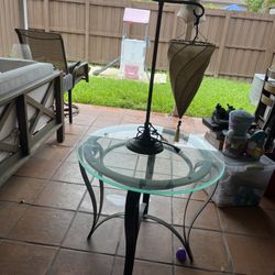 Glass And Wrought Iron End Table And Sock Lamp