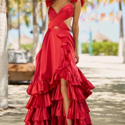 Sherri Hill 56057 Satin gown with side cut bodice and ruffle skirt slit and ruffle detailing along the straps and an open back. Size 2