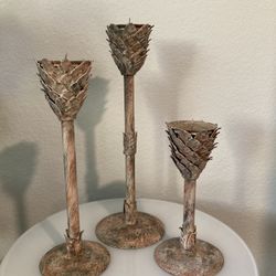 3 Metal Candle Holder Pine Cone Look Rustic Finish