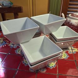 Crate & Barrel Square Bowls Set Of 8 White Stoneware