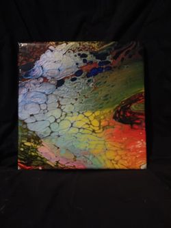 8" Square Rainbow Acrylic Pour Painting 