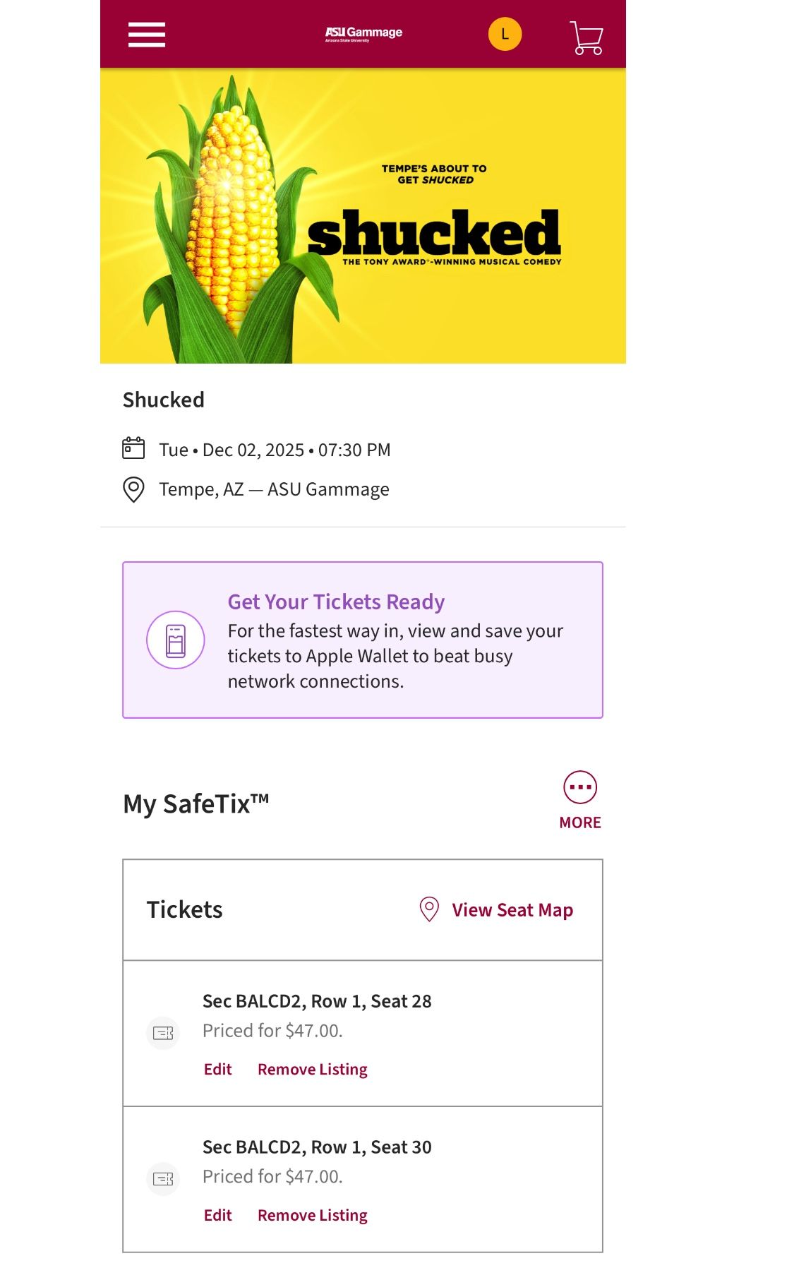 2 Front Row Seats To Shucked at Gammage