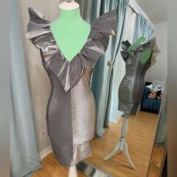 Pinko Silver Metallic Ruffle Mini Dress, Size 2